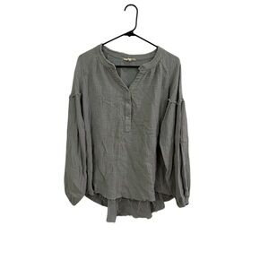 Green Relaxed Button Down Blouse with Mandarin Collar